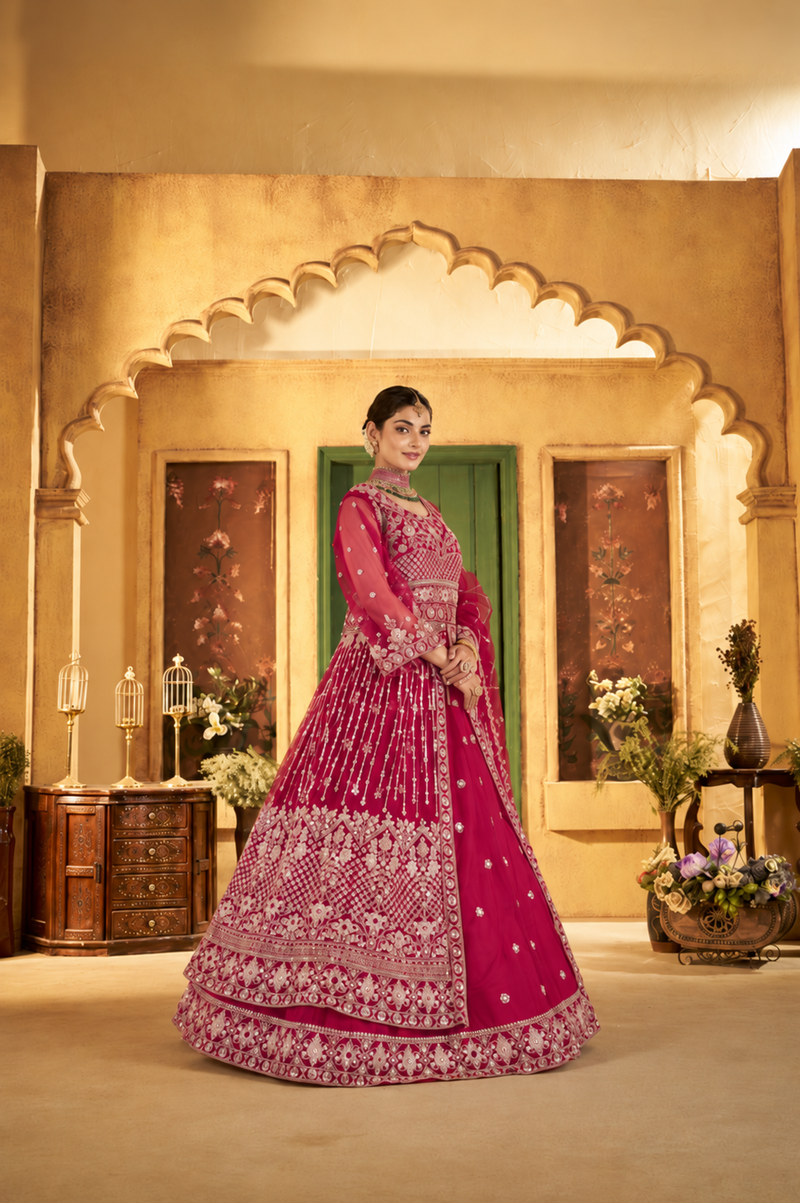 Green Festive Satin Embroidered Lehenga Set
