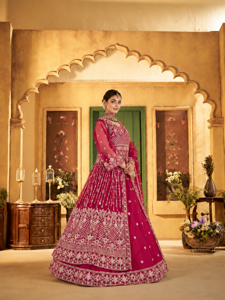Rani Pink Traditional Sindoor Satin Lehenga Set