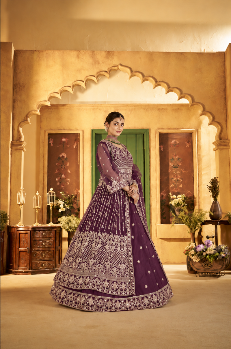 Green Festive Satin Embroidered Lehenga Set
