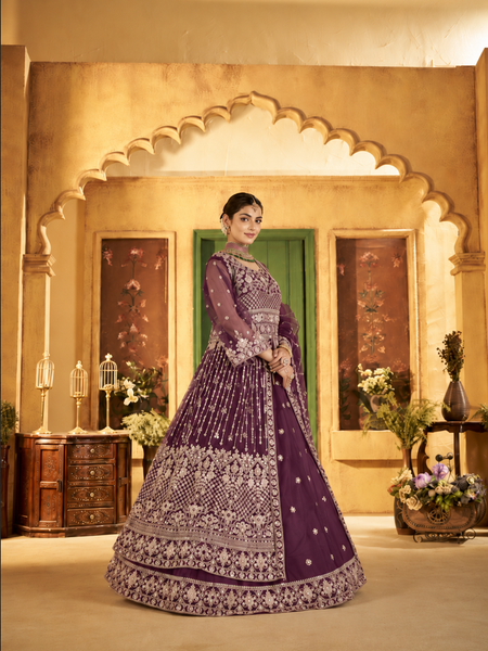 Purple Elegant Sindoor Satin Wedding Lehenga