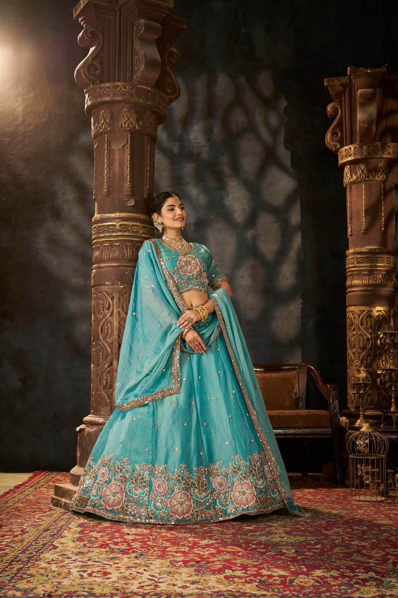 Sea Blue Embroidered Moss Silk Lehenga Choli
