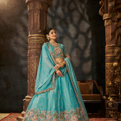 Sea Blue Embroidered Moss Silk Lehenga Choli
