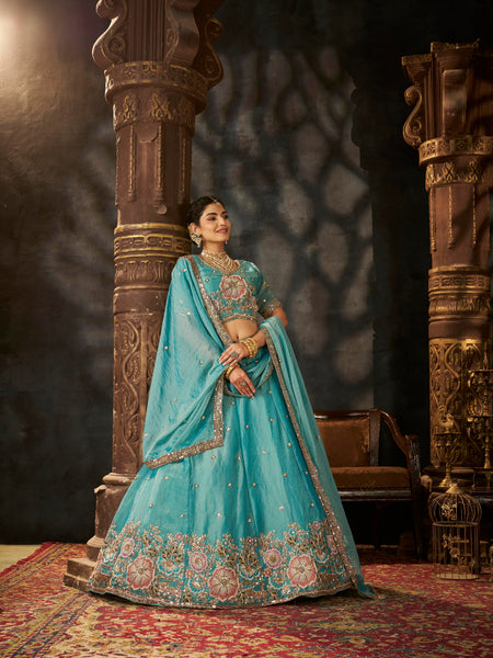 Sea Blue Embroidered Moss Silk Lehenga Choli