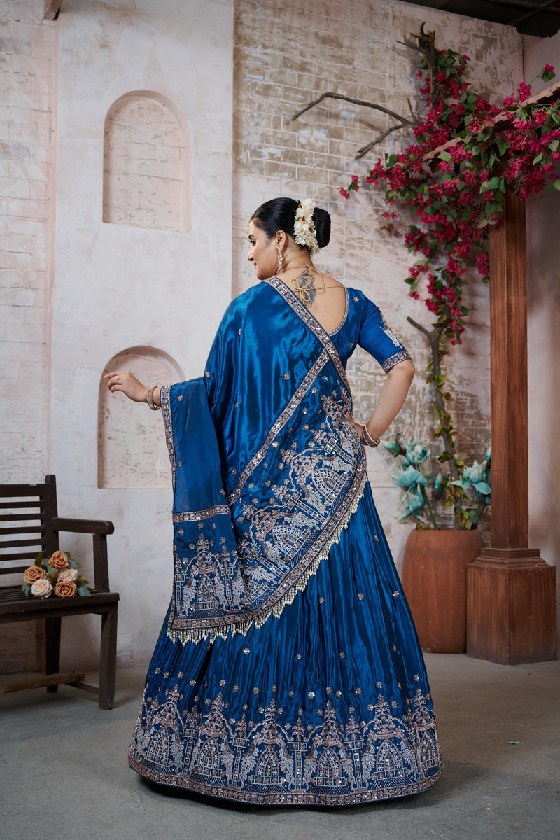 Teal Blue HO Silk Embroidered Elegant Lehenga Choli