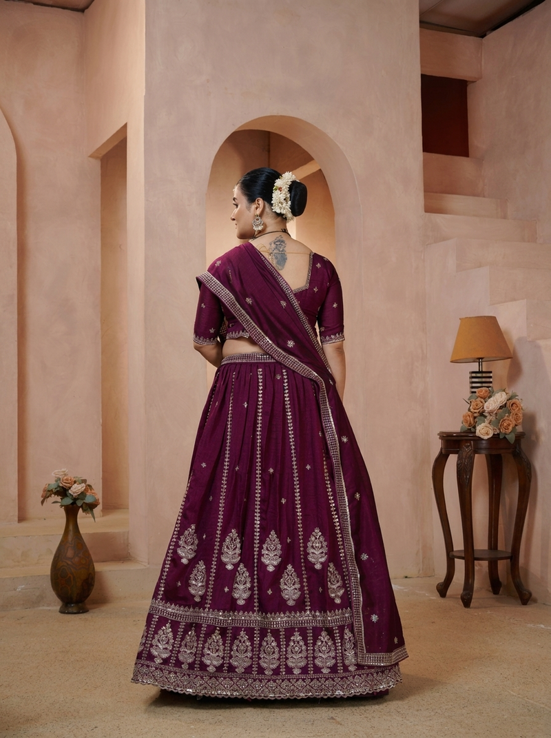 Purple Contemporary Ethnic Vichitra Embroidered Lehenga Choli