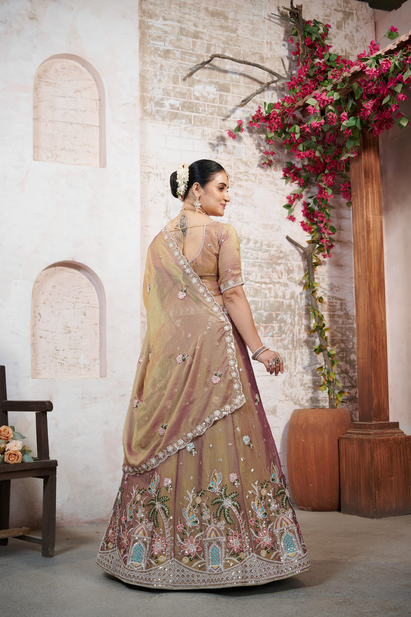 Copper Brown Embroidered Moss Silk Ethnic Lehenga Set