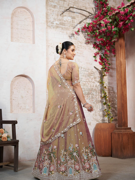 Copper Brown Embroidered Moss Silk Ethnic Lehenga Set