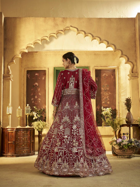 Maroon Royal Sindoor Satin Embroidered Lehenga Choli