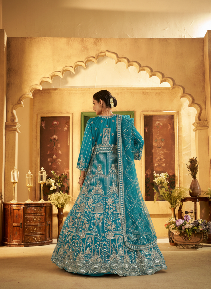 Firozi Contemporary Ethnic Embroidered Satin Lehenga
