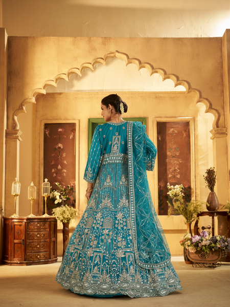 Firozi Contemporary Ethnic Embroidered Satin Lehenga