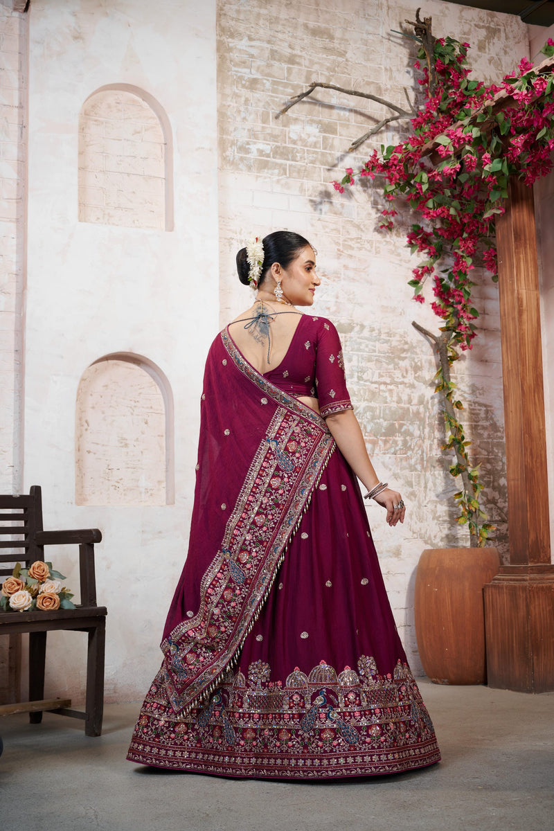 Wine Silk Crush Embroidered Wedding Lehenga