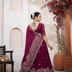 Wine Silk Crush Embroidered Wedding Lehenga