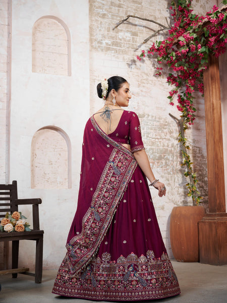Wine Silk Crush Embroidered Wedding Lehenga