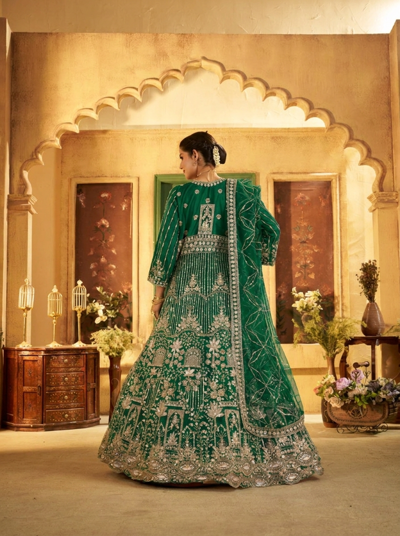 Firozi Contemporary Ethnic Embroidered Satin Lehenga