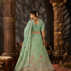 Peach Festive Moss Butti Embroidered Lehenga Choli