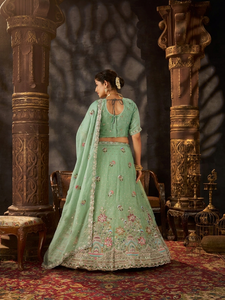 Mint Green Traditional Embroidered Moss Butti Lehenga