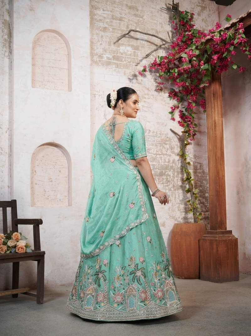 Mint Green Moss Silk Festive Lehenga Choli