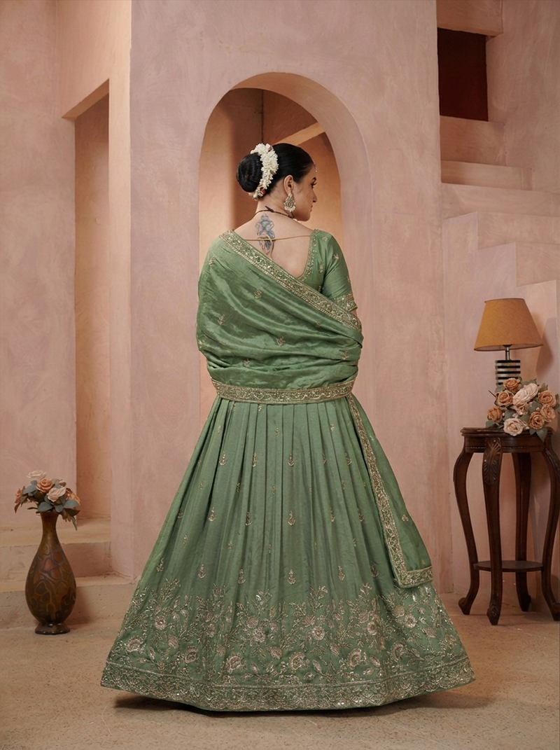 Olive Green Vichitra Ethnic Embroidered Lehenga Set