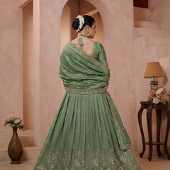 Olive Green Vichitra Ethnic Embroidered Lehenga Set