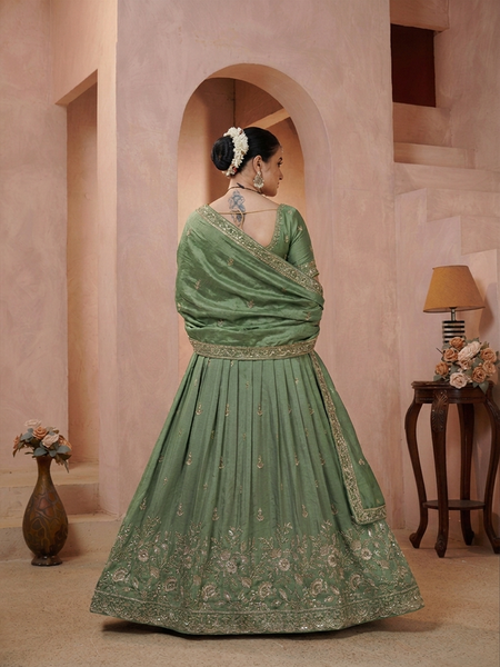 Olive Green Vichitra Ethnic Embroidered Lehenga Set
