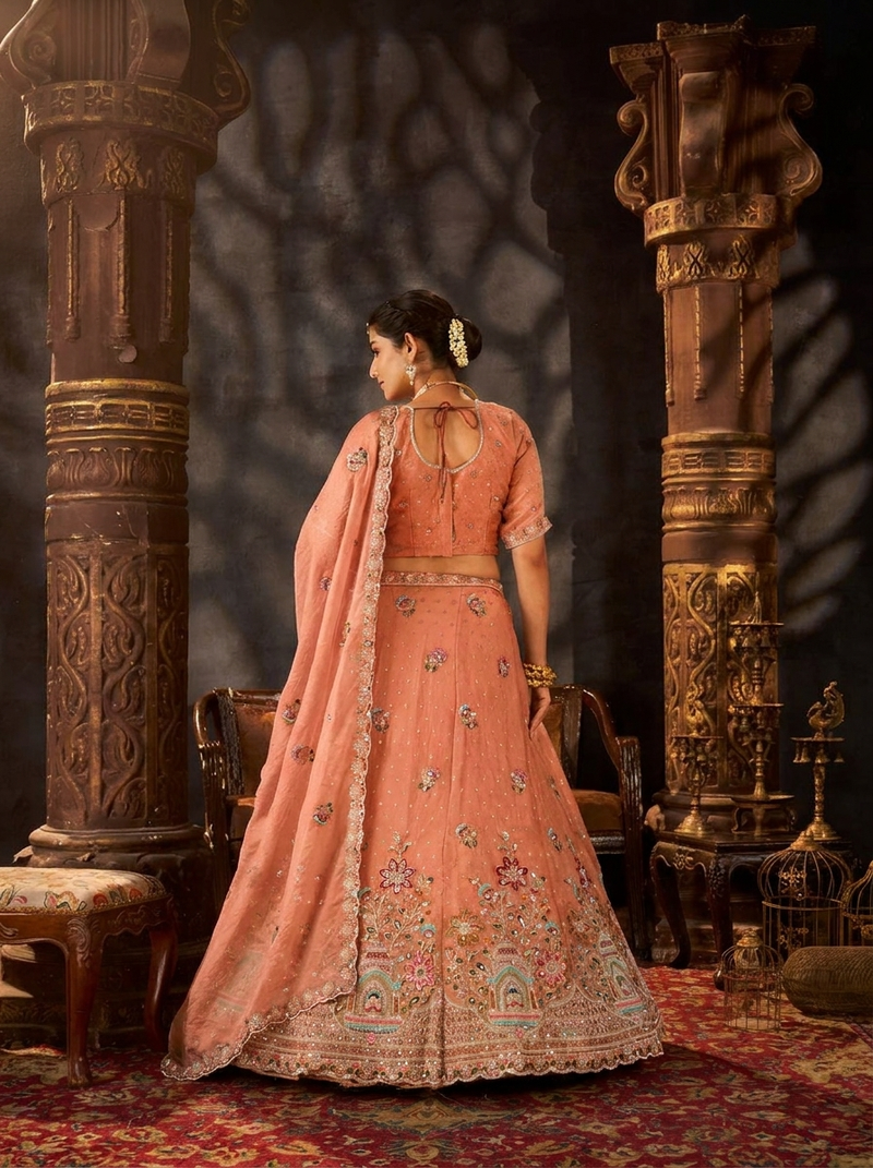 Peach Festive Moss Butti Embroidered Lehenga Choli