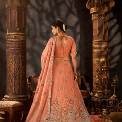Peach Festive Moss Butti Embroidered Lehenga Choli
