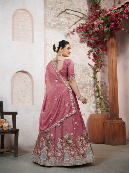 Pink Moss Silk Occasion Wear Embroidered Lehenga