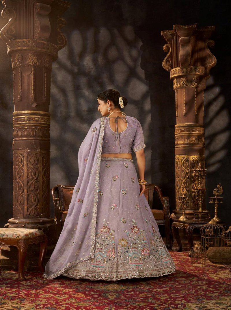 Peach Festive Moss Butti Embroidered Lehenga Choli
