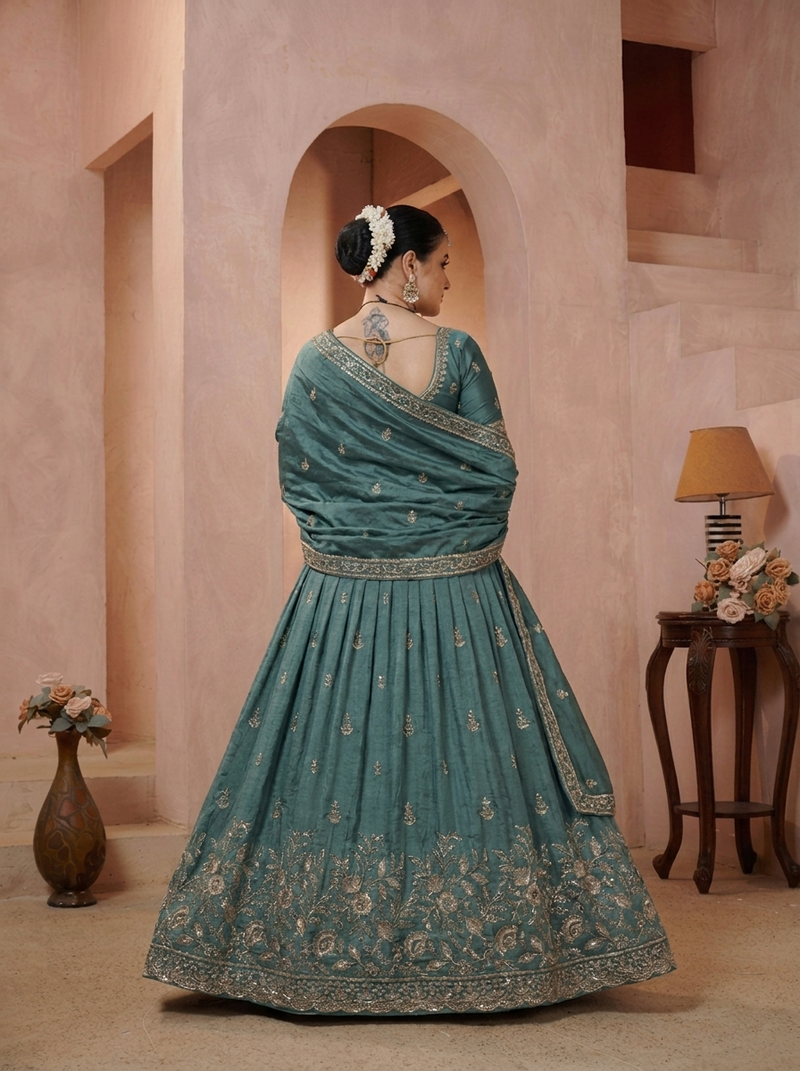 Teal Blue Vichitra Embroidered Occasion Lehenga Choli