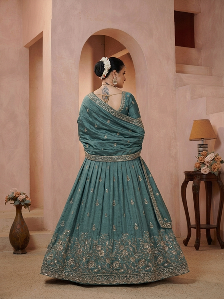 Teal Blue Vichitra Embroidered Occasion Lehenga Choli