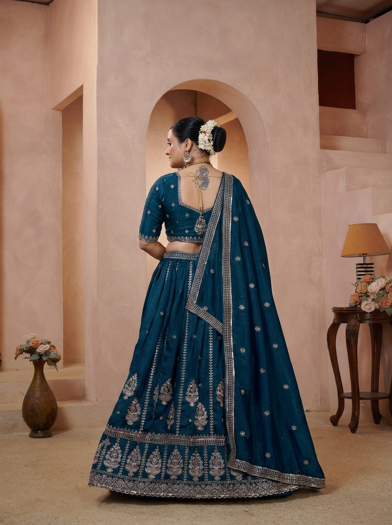 Teal Blue Festive Vichitra Embroidered Lehenga Set