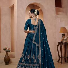 Teal Blue Festive Vichitra Embroidered Lehenga Set