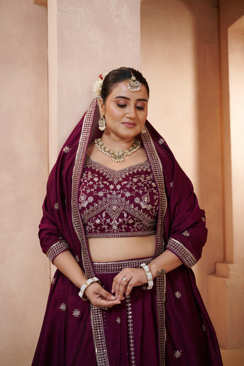 Purple Contemporary Ethnic Vichitra Embroidered Lehenga Choli