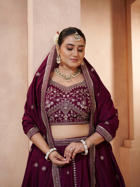 Purple Contemporary Ethnic Vichitra Embroidered Lehenga Choli