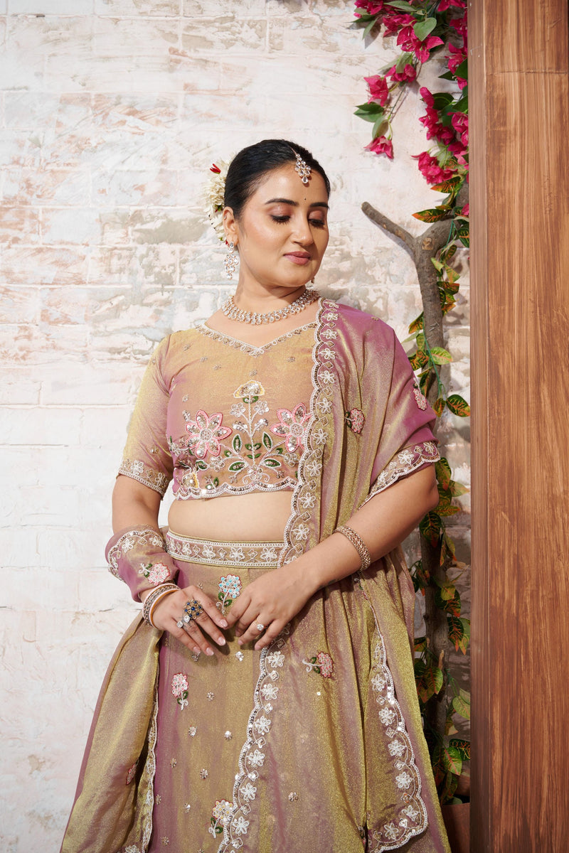 Copper Brown Embroidered Moss Silk Ethnic Lehenga Set