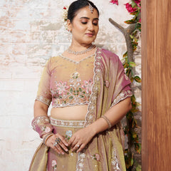 Copper Brown Embroidered Moss Silk Ethnic Lehenga Set