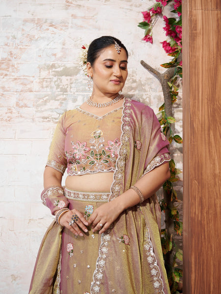 Copper Brown Embroidered Moss Silk Ethnic Lehenga Set