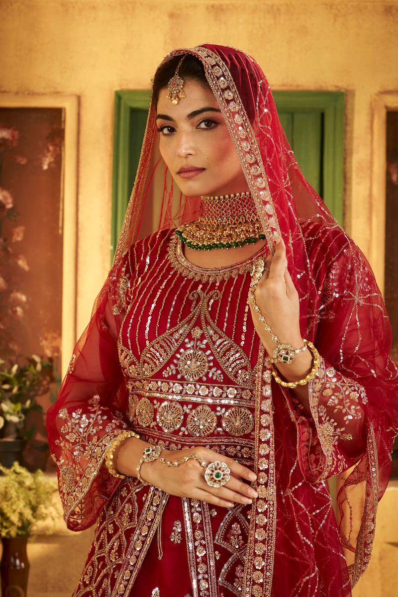 Maroon Sindoor Satin Embroidered Lehenga Set for Women
