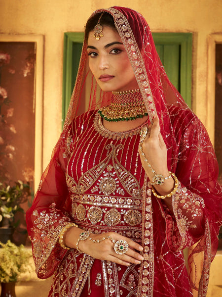 Maroon Sindoor Satin Embroidered Lehenga Set for Women