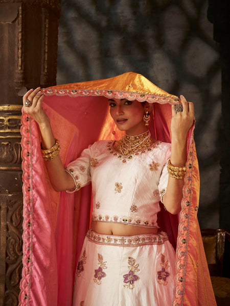 White Wedding Wear Sindoor Satin Embroidered Lehenga Choli