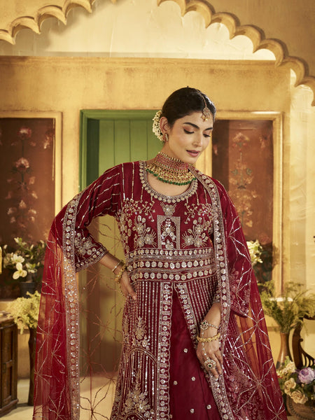 Maroon Royal Sindoor Satin Embroidered Lehenga Choli