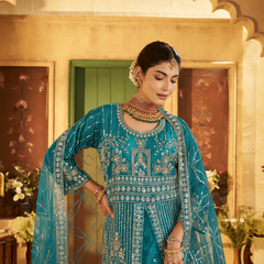 Firozi Contemporary Ethnic Embroidered Satin Lehenga