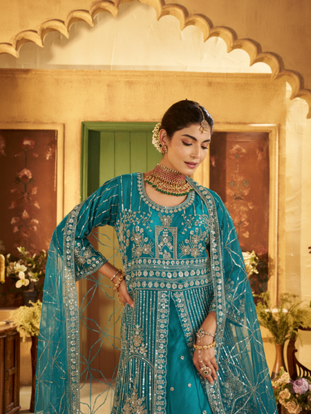 Firozi Contemporary Ethnic Embroidered Satin Lehenga