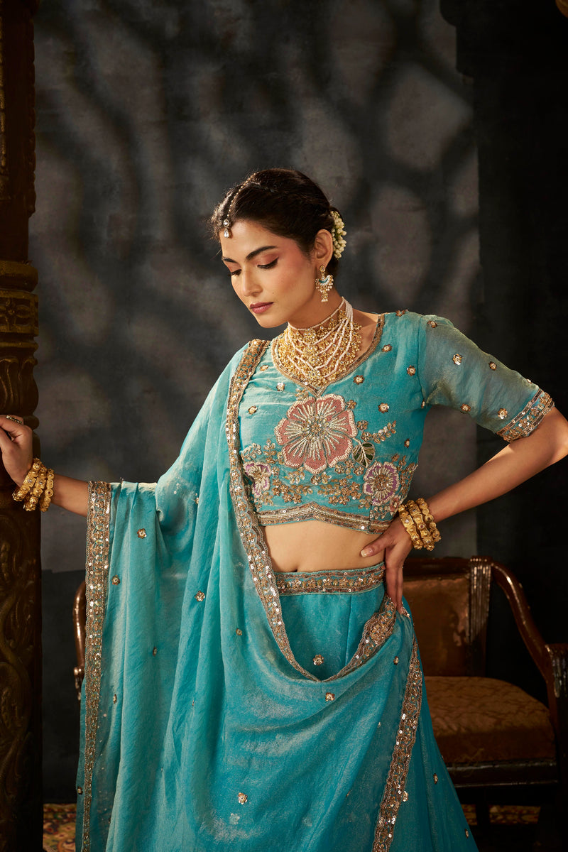 Sea Blue Embroidered Moss Silk Lehenga Choli