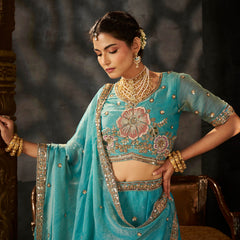 Sea Blue Embroidered Moss Silk Lehenga Choli