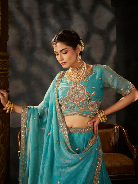 Sea Blue Embroidered Moss Silk Lehenga Choli