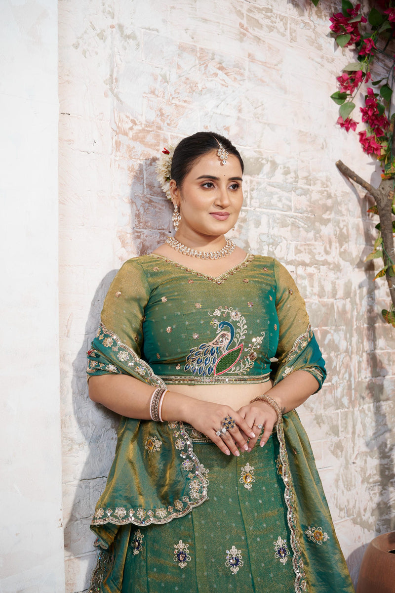 Green Moss Butti Embroidered Occasion Wear Lehenga Choli