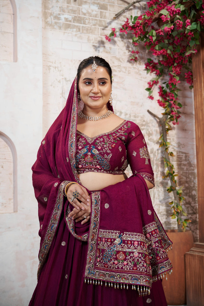 Wine Silk Crush Embroidered Wedding Lehenga
