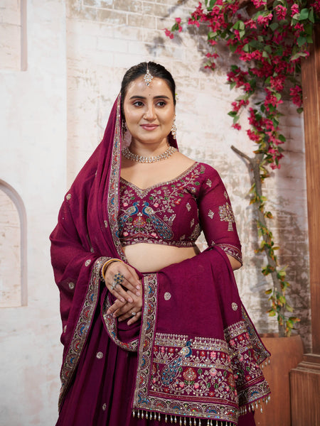 Wine Silk Crush Embroidered Wedding Lehenga