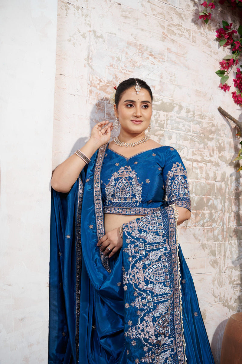 Teal Blue HO Silk Embroidered Elegant Lehenga Choli